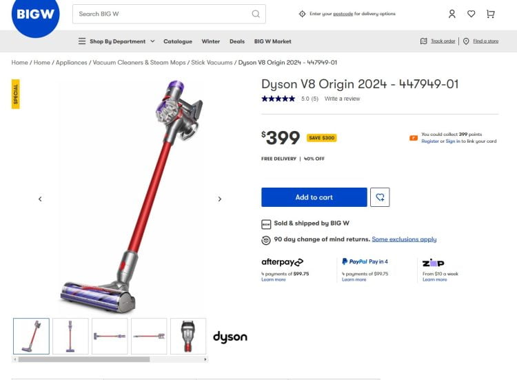 Big W Dyson V8 deal