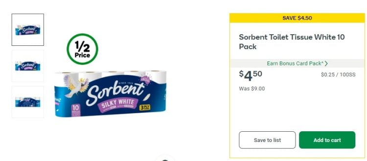 Woolworths: Sorbent Toilet Tissue 10pk $4.50