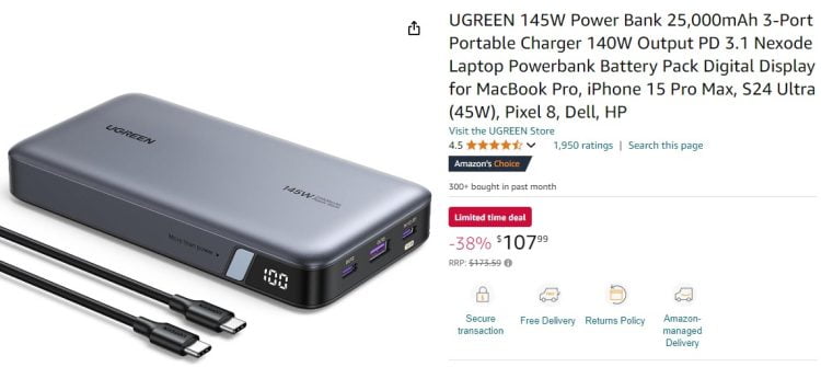 Amazon: UGREEN 145W Power Bank 25,000mAh $107.99