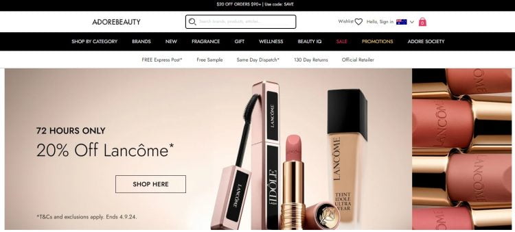Adore Beauty: 72 hour sale – 20% off Lancome