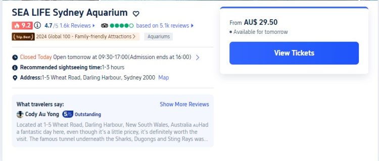 Sea Life Sydney Aquarium: $29.50 for Adult and $28 for Child