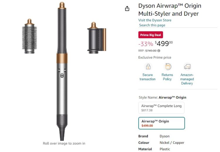 Amazon (Prime): Dyson Airwrap Origin $499