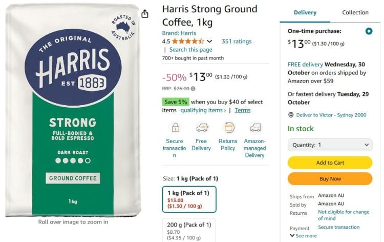 Amazon: Harris Strong Ground Coffee 1kg $13