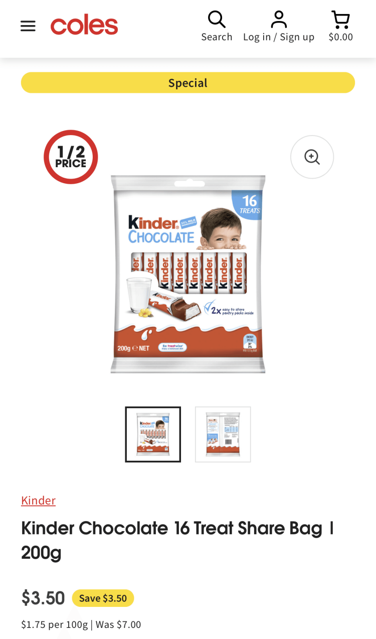 Coles: Kinder Chocolate 16 Treat Share Bag $3.50