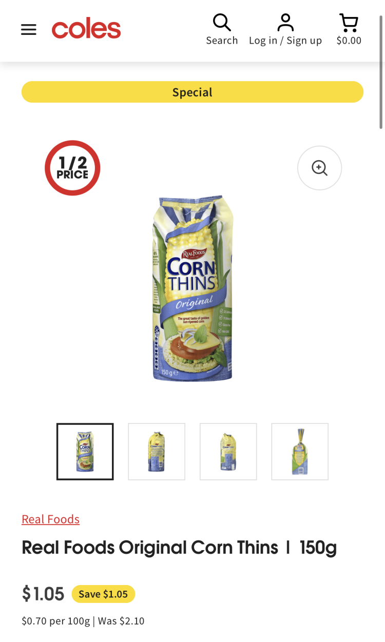 Coles: Real Foods Original Corn Thins $1.05