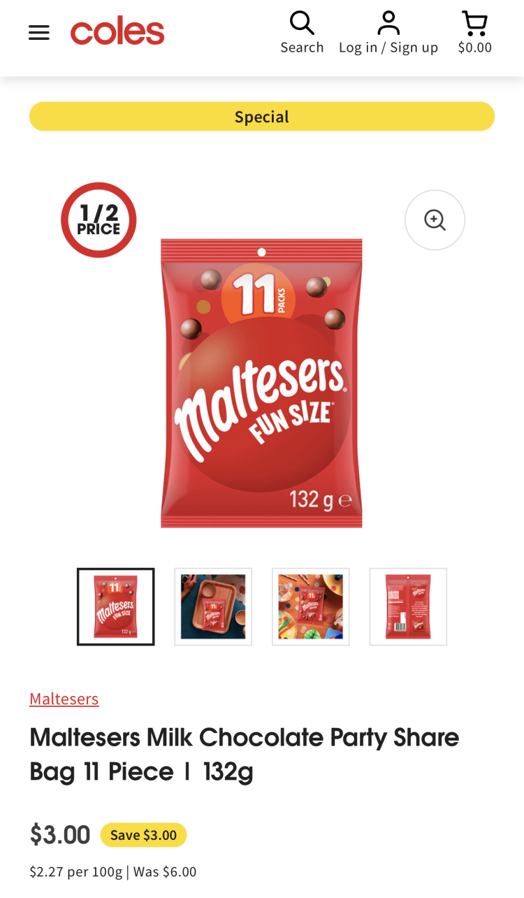 Coles: Maltesers Party Share Bag 11 Pack $3