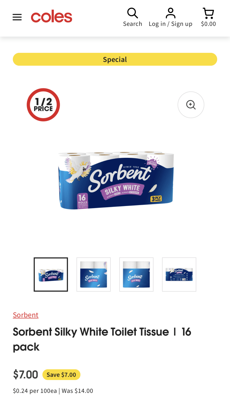 Coles: Sorbent Toilet Tissue Silky White 16 Pack $7