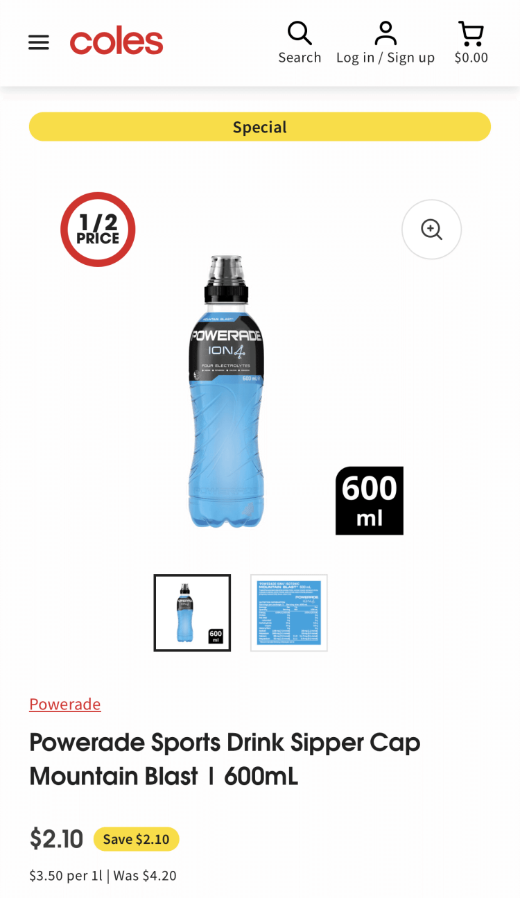 Coles: Powerade Mountain Blast 600mL $2.10