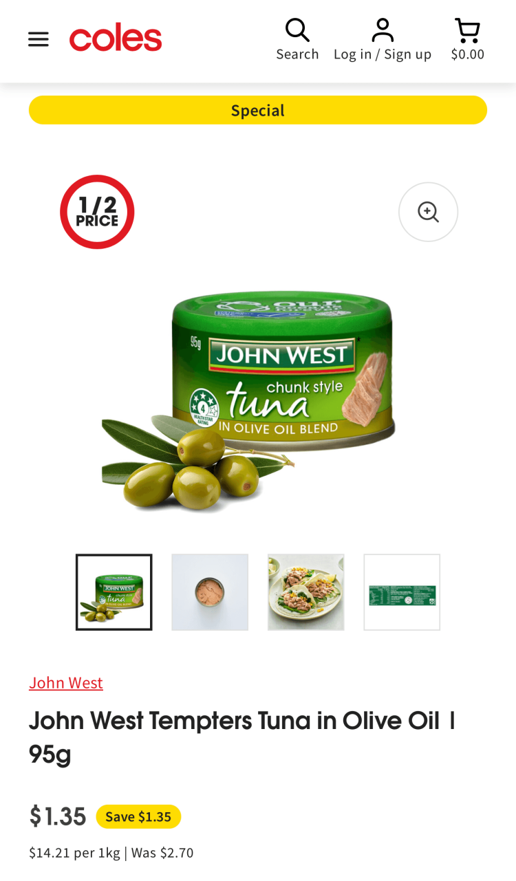 Coles: John West Tuna in Olive Oil 95g $1.35