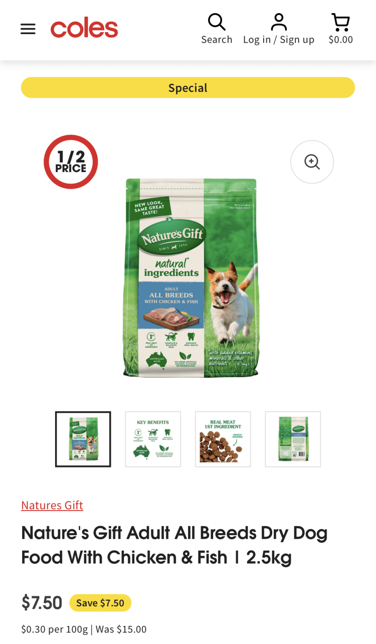 Coles: Natures Gift Adult All Breeds Dry Dog Food 2.5kg $7.50