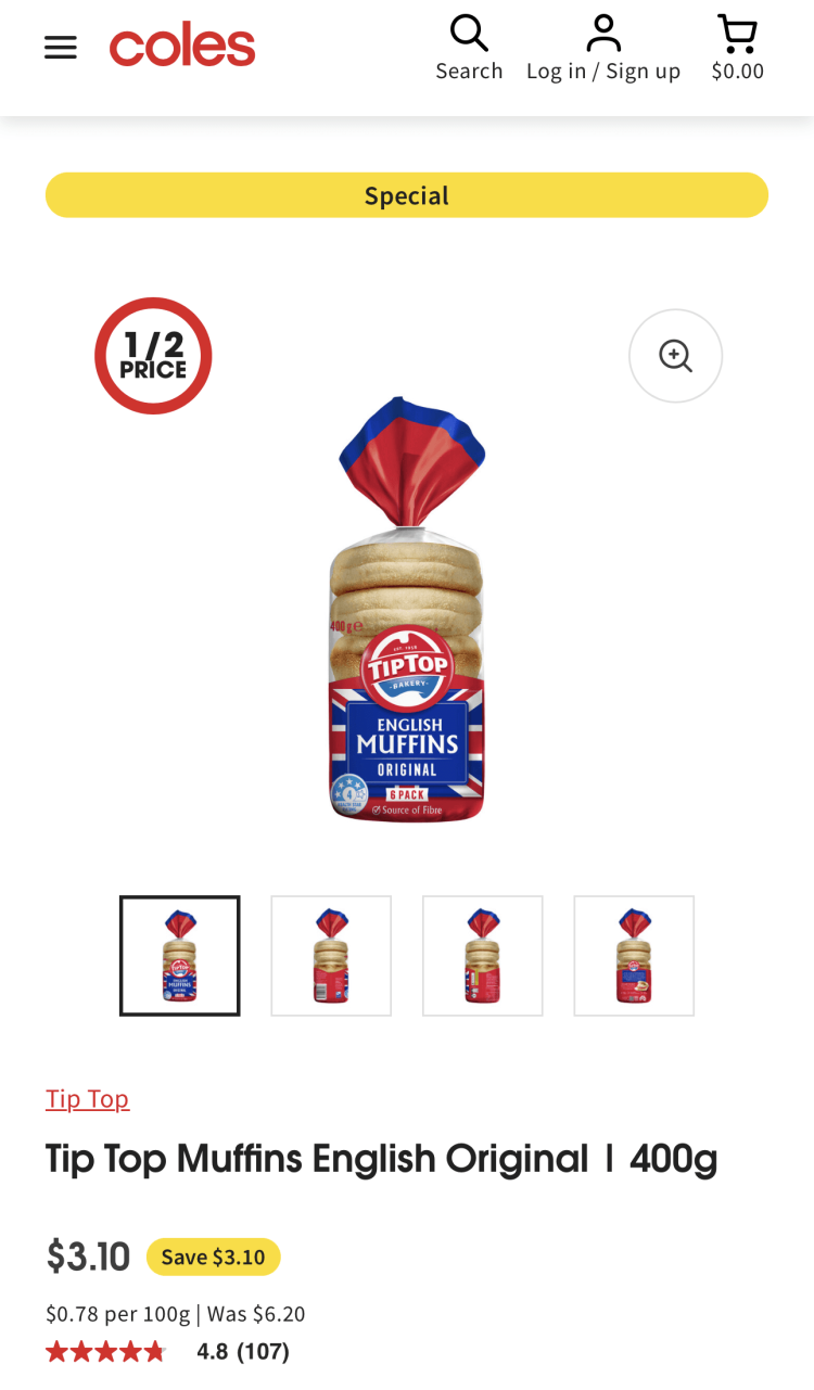 Coles: Tip Top Muffins English Original $3.10
