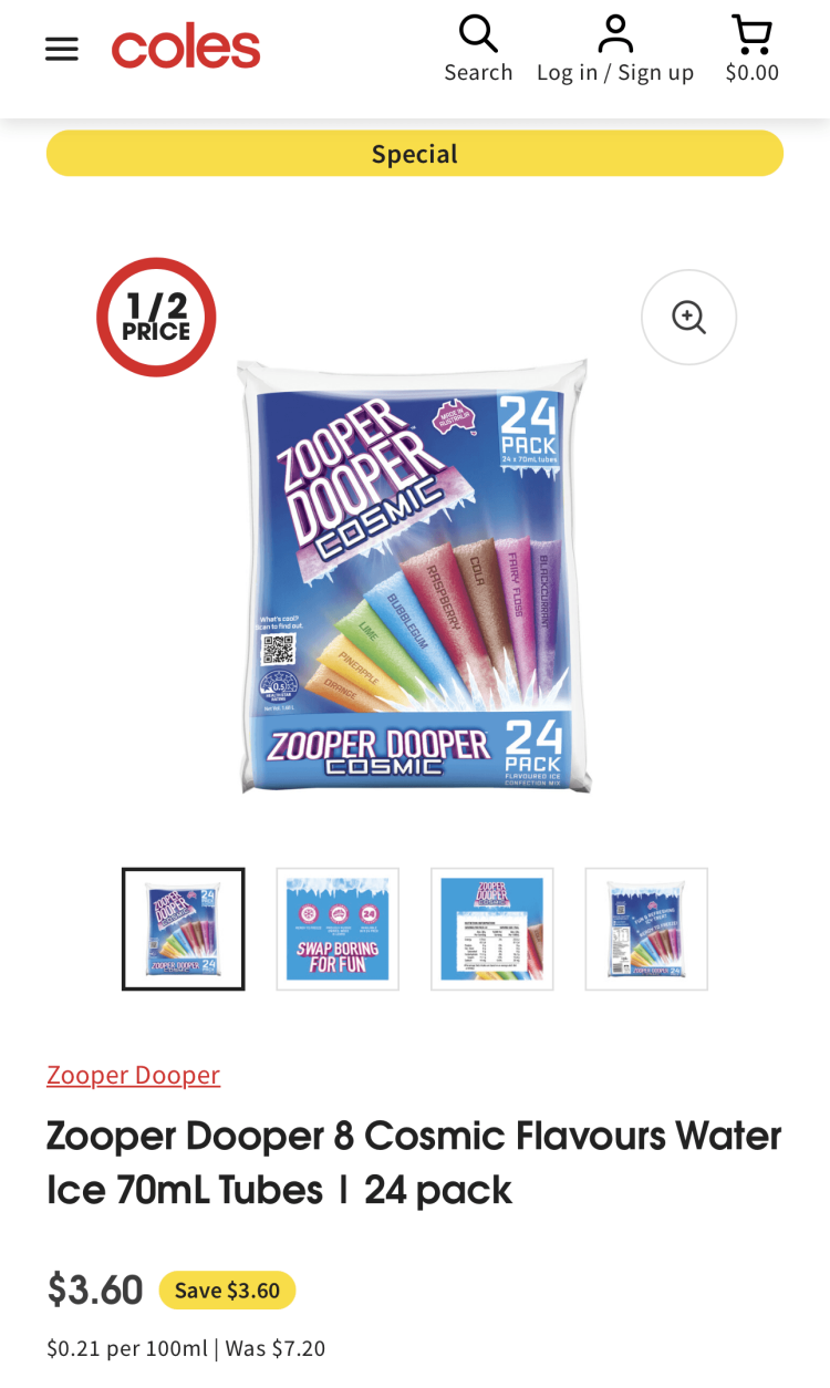 Coles: Zooper Dooper 8 Flavours 70ml Tubes – 24 Pack $3.60