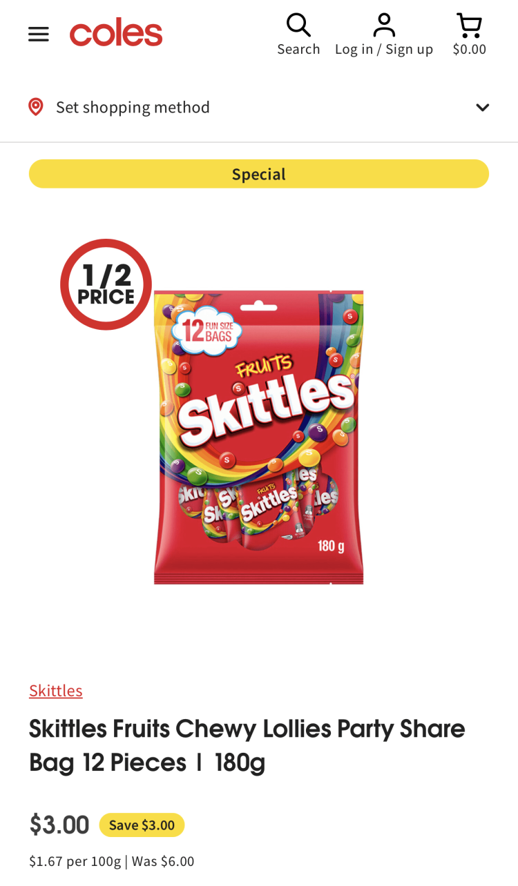 Coles: Skittles Fruits Party Share Bag 12 pack $3