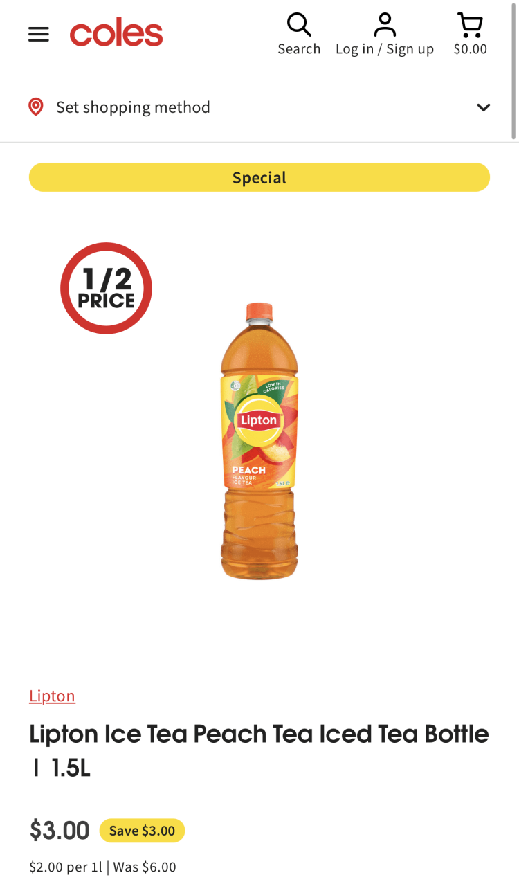 Coles: Lipton Ice Tea Peach 1.5L Bottle $3