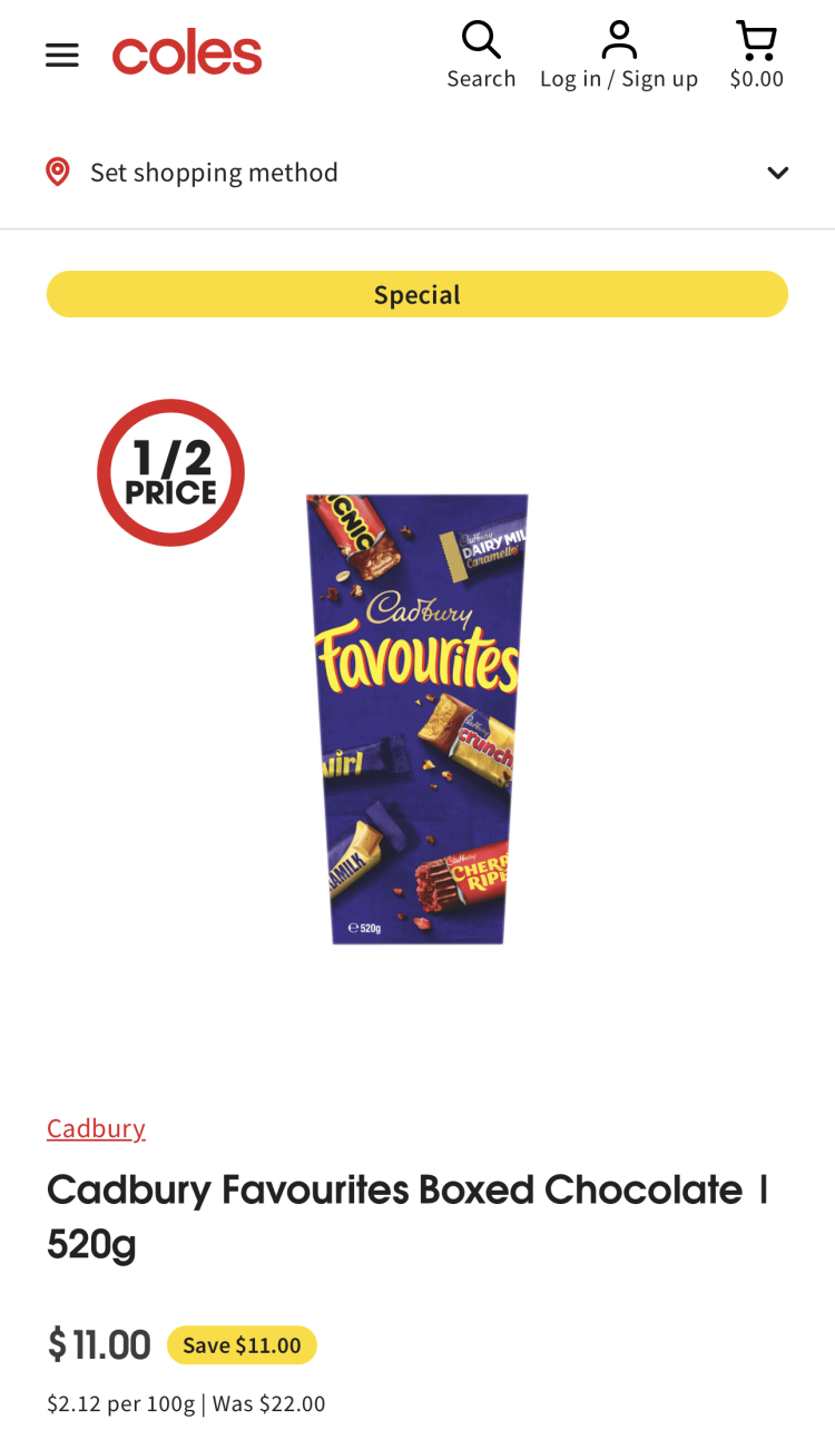 Coles: Cadbury Favourites Box 520g $11