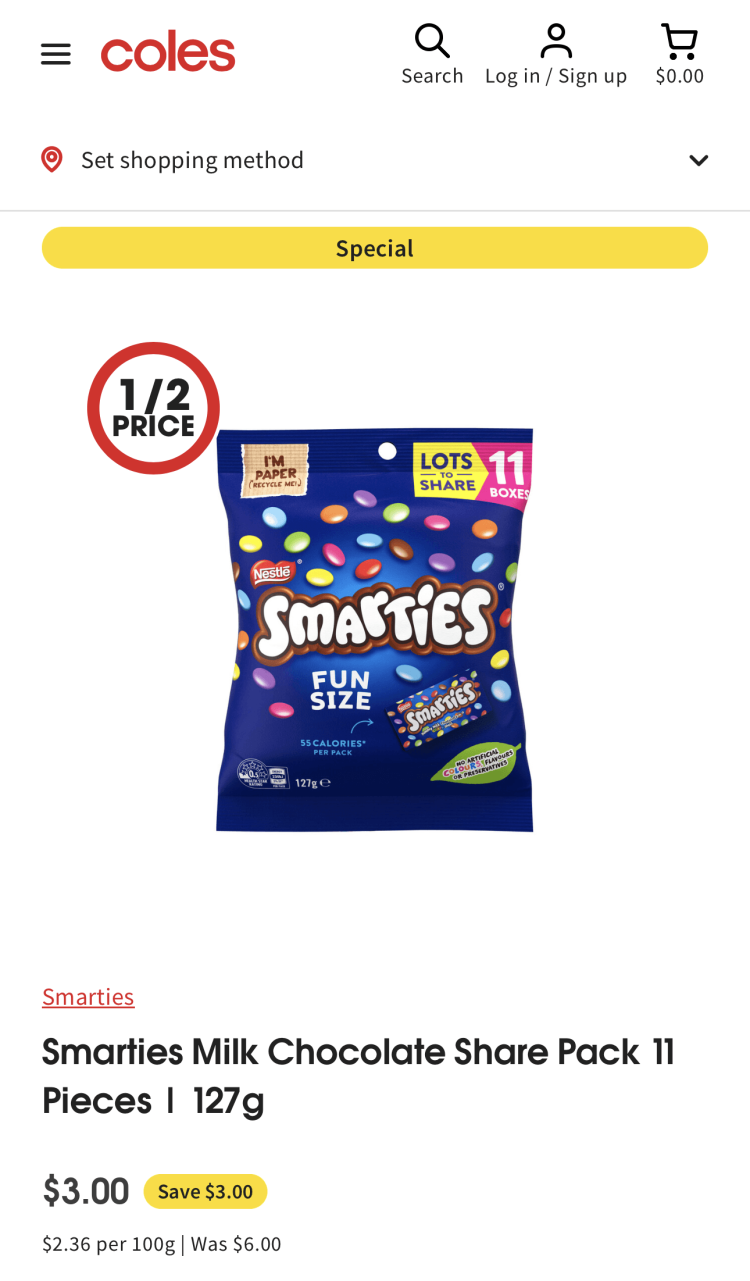 Coles: Smarties Fun Size Share Pack 11 pieces $3