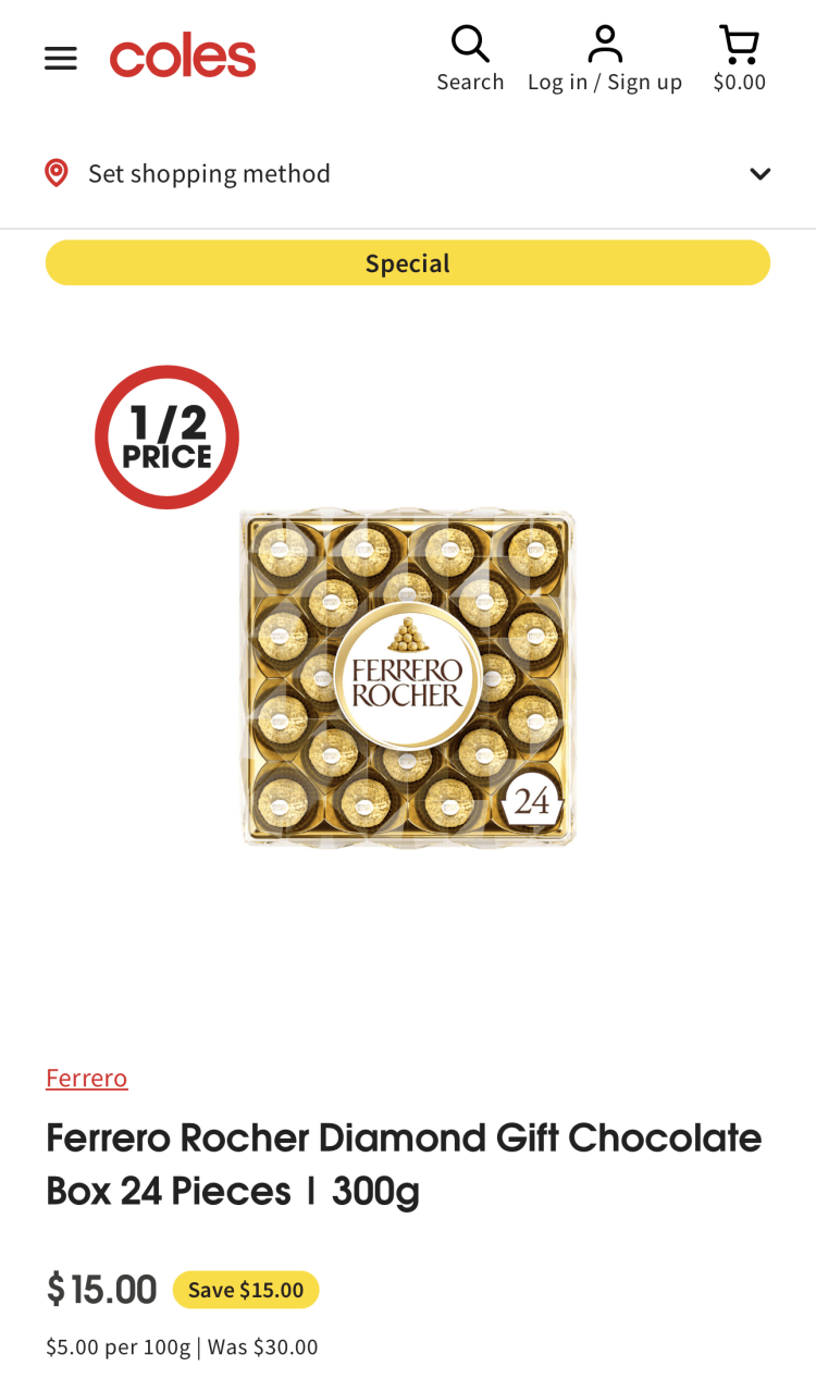 Coles: Ferrero Rocher Diamond Gift Box 24 Pieces $15