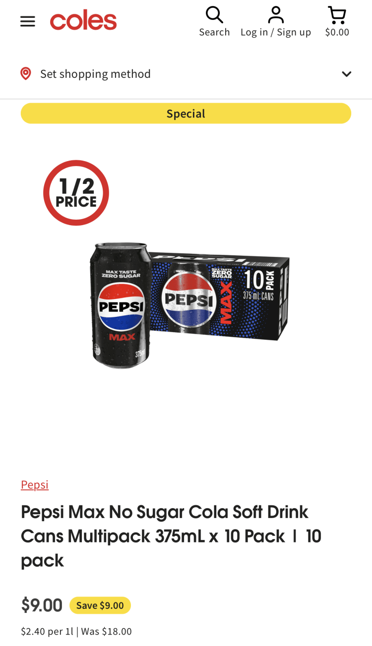 Coles: Pepsi Max No Sugar Cola Cans 10 pack 375ml $9