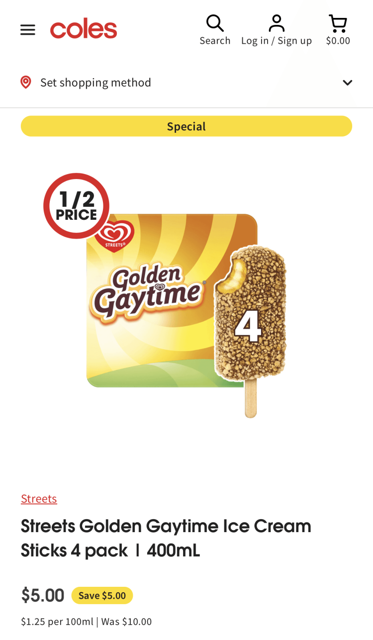 Coles: Streets Golden Gaytime Ice Cream Sticks 4 Pack $5