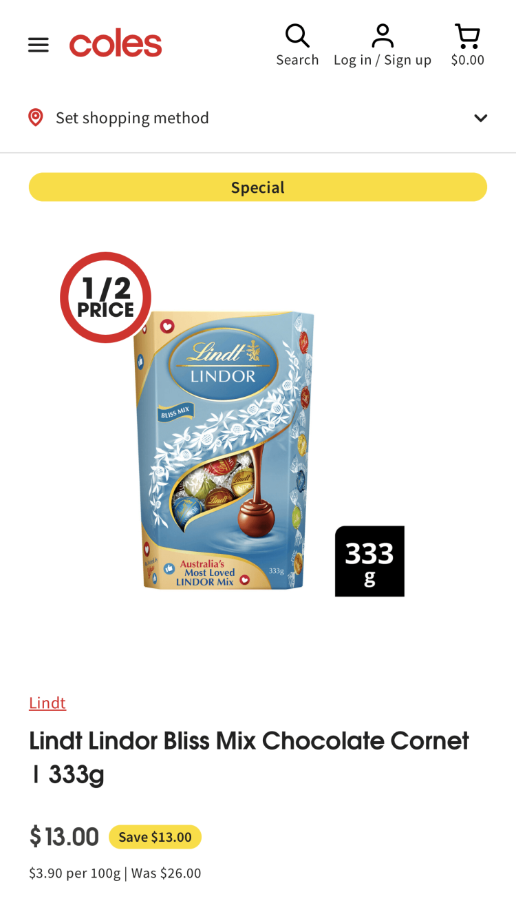 Coles: Lindt Lindor Bliss Mix Chocolate Cornet 333g $13