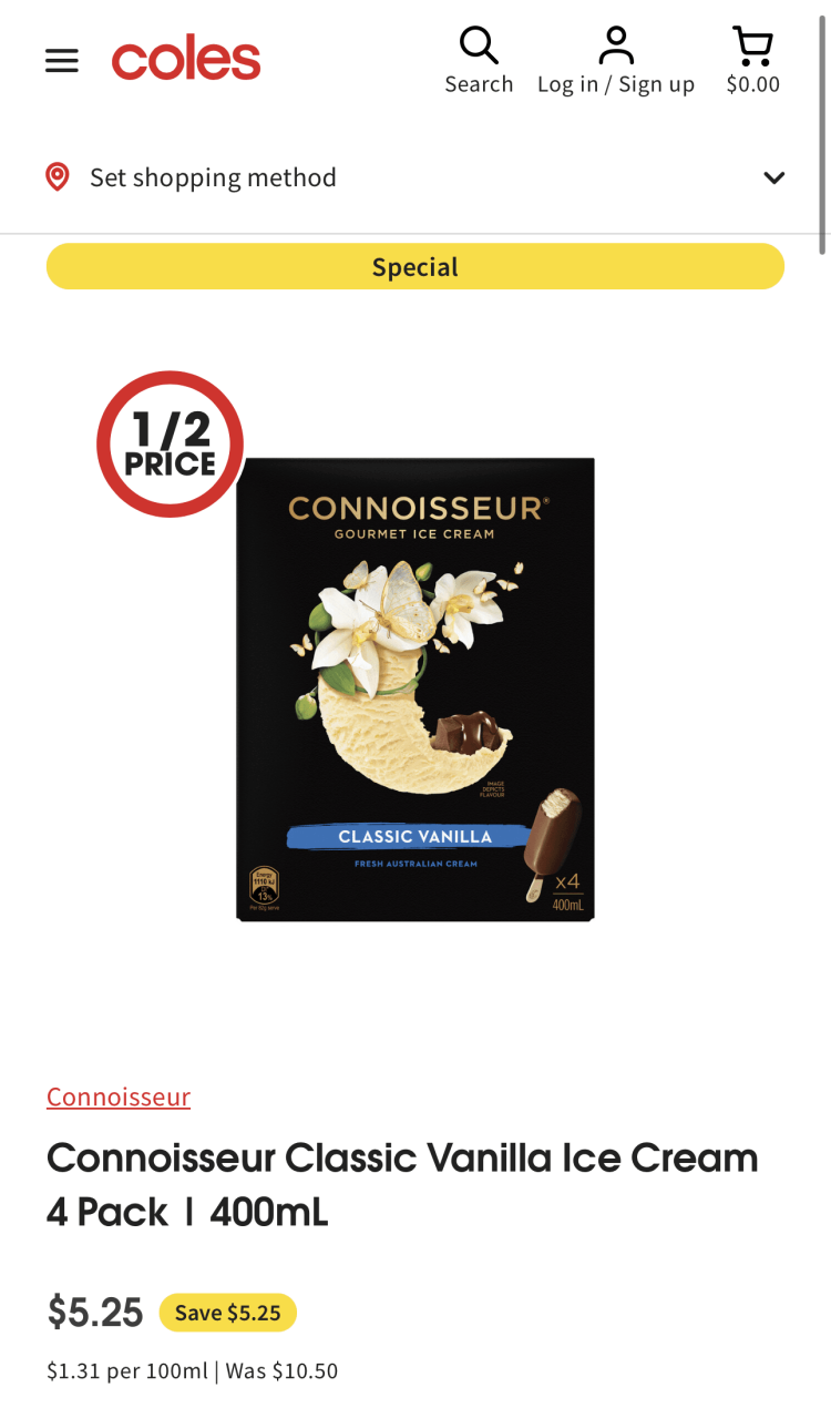 Coles: Connoisseur Classic Vanilla Ice Cream 4 Pack $5.25