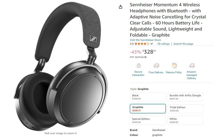 Amazon (Prime): Sennheiser Momentum 4 Headphones $328.31