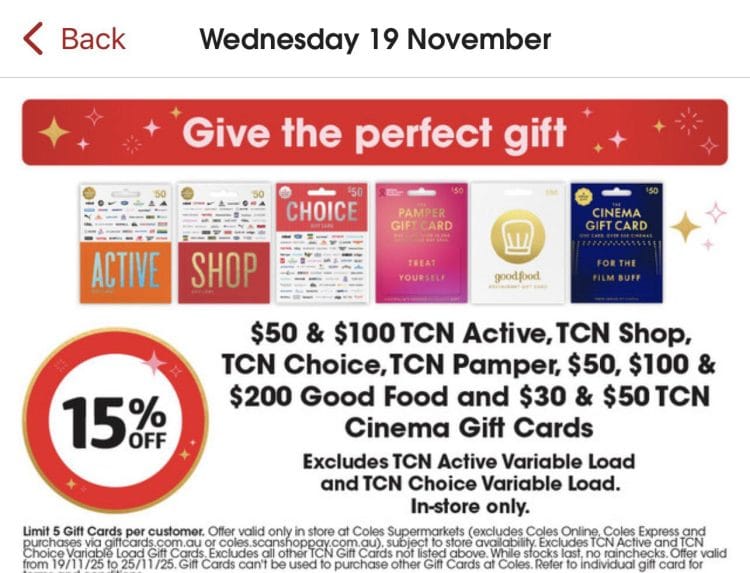 Coles Black Friday TCN Gift Cards 2025