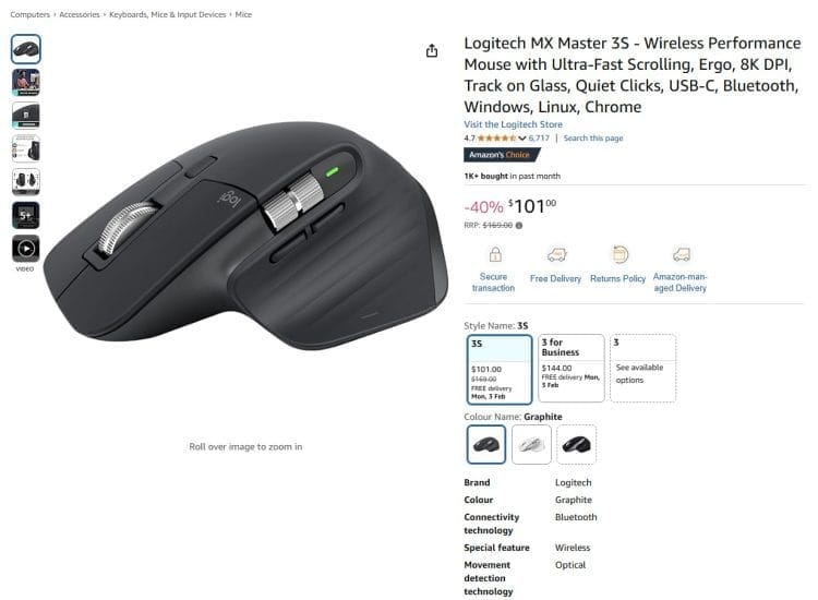 Logitech MX Master 3S at Amazon