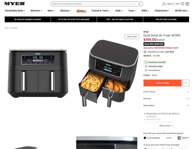 Myer: Ninja AF300 Dual Zone Air Fryer 56% off – now $199