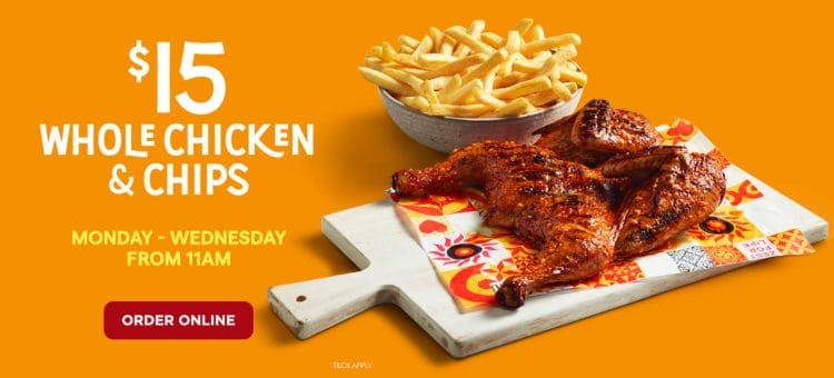 Oporto: Whole Chicken & Chips only $15 (From 11AM – Mon to Wed Only)
