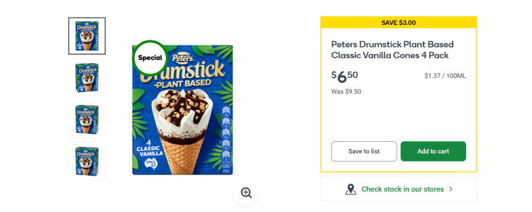 Woolworths: Drumstick Plant Based 4 Pack on special – $6.50