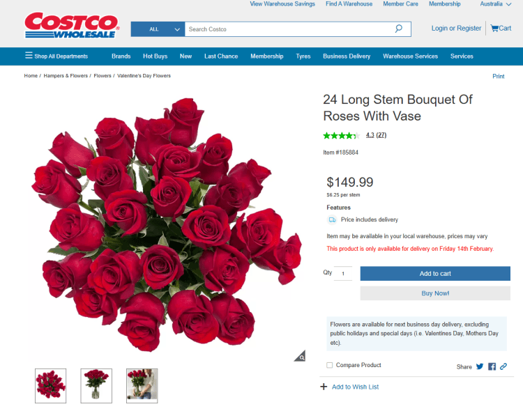 Costco: 24 Long Stem Roses with Vase $149.99 including delivery