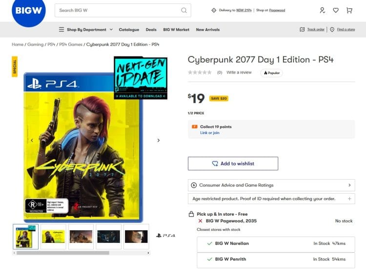 Big W: Cyberpunk 2077 on PS4 only $19