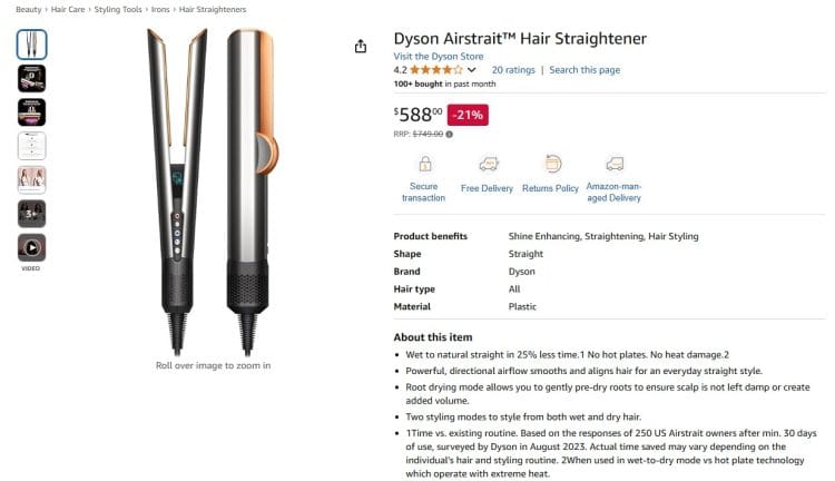 Amazon: Dyson Airstrait Hair Straightener 21% off, now $588