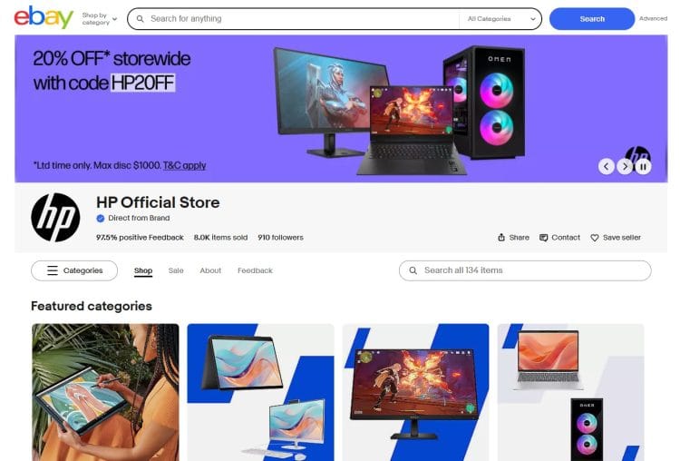 HP (eBay): 20% off storewide with coupon code