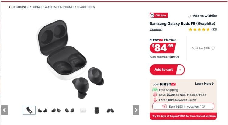 Kogan: Samsung Galaxy Buds FE (Graphite), now $84.99 for FIRST members