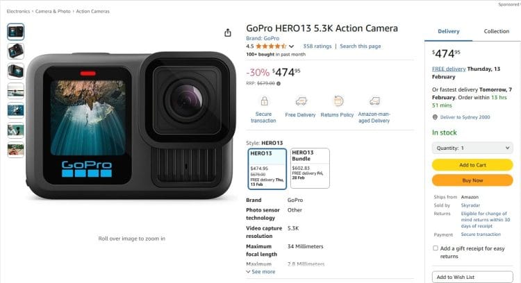 Amazon: GoPro HERO13 Black, 30% off now $474.99