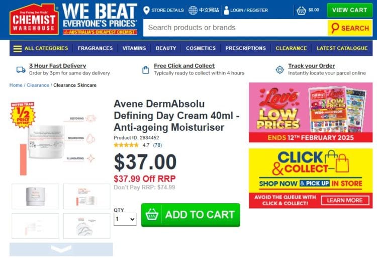 Chemist Warehouse: Avene DermAbsolu Defining Day Cream 40ml, normally $74.99 now $37