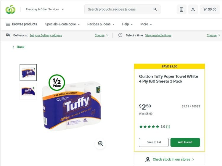 Woolworths: Quilton Tuffy Paper Towel 4 Ply 180 Sheets, half price now $2.50