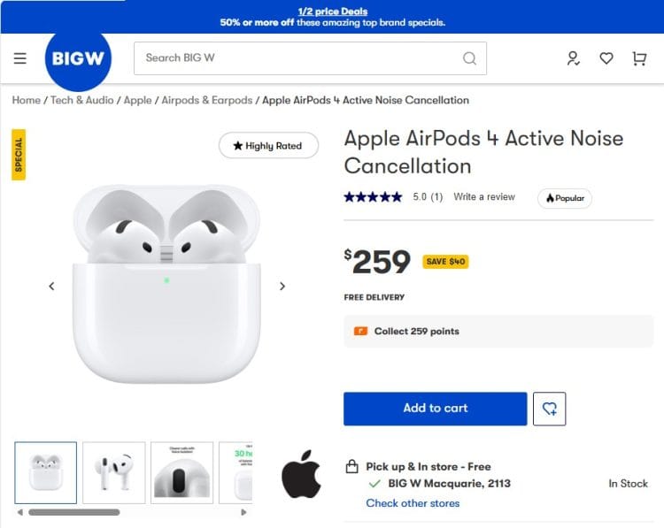 BIG W: Apple AirPods 4 Active Noise Cancellation, now $259