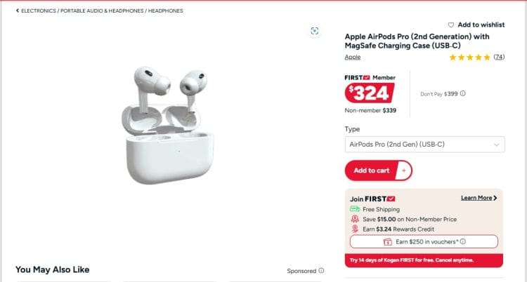 Kogan: Apple AirPods Pro (2nd Generation) (USB‑C), $324 for FIRST members