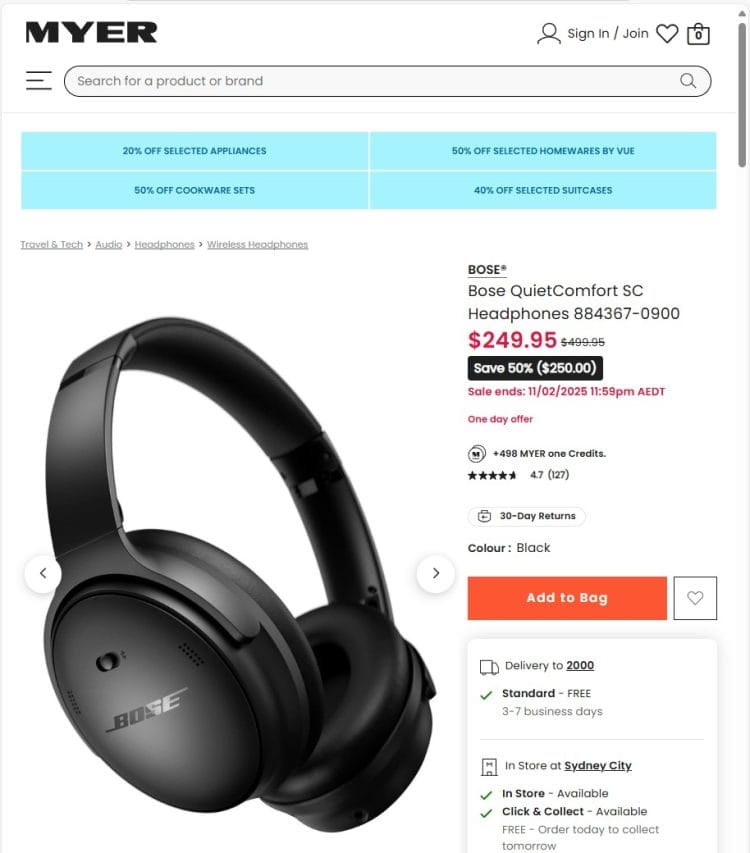 Myer: Bose QuietComfort SC Headphones, 50% off now $249.95
