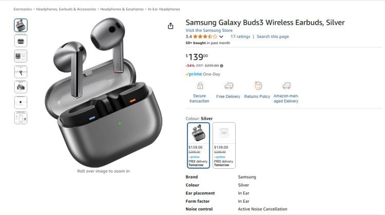 Amazon: Samsung Galaxy Buds3 – Silver, now $139