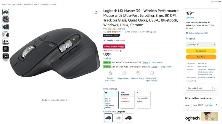 Amazon: Logitech MX Master 3S Wireless Mouse, now $89.25