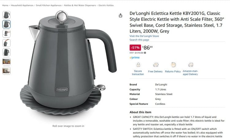 Amazon: De’Longhi Eclettica 1.7L Kettle, now $86.89