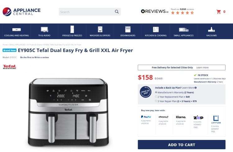 Appliance Central: Tefal Dual Easy Fry & Grill XXL Air Fryer (EY905C), now $158