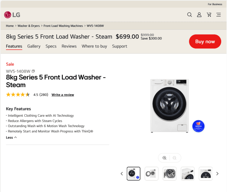 LG: 8kg Series 5 Front Load Washer – 30% off, now $699