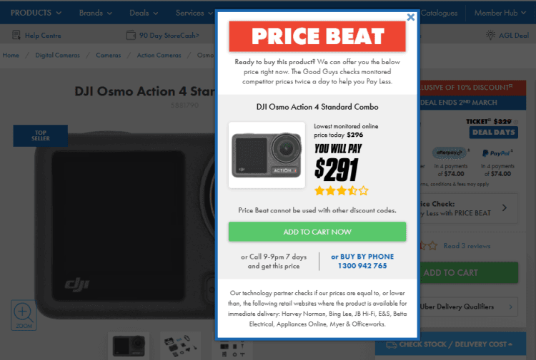 The Good Guys: DJI Osmo Action 4 Standard Combo, now $291