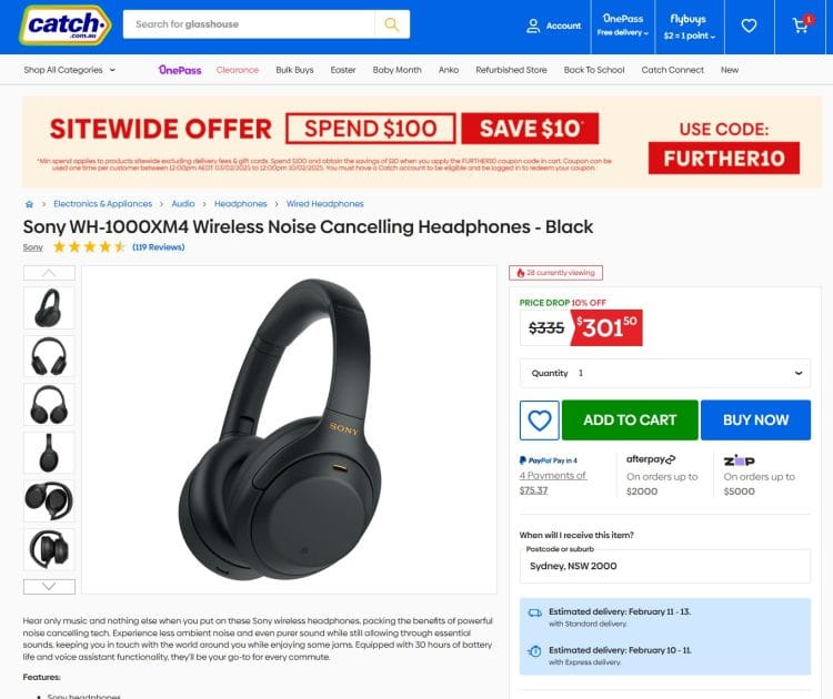 Catch: Sony WH-1000XM4 Headphones $291.50