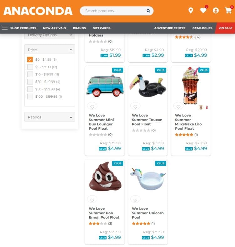 Anaconda: pool floats on sale for $4.99